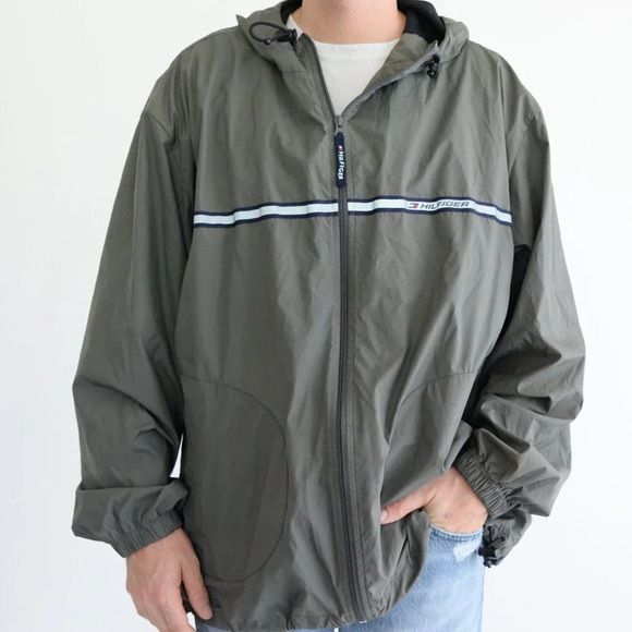 Vintage Tommy Hilfiger  Grey Windbreaker Raincoat with Hood Size XXL - Picture 1 of 15